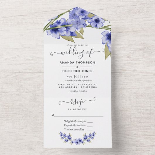 Invitation Tout En Un Mariage de fleurs de cerises bleues tout en un (À l'intérieur)