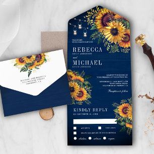 Invitation Tout En Un Mariage de fleurs de soleil en bois bleu de la mar