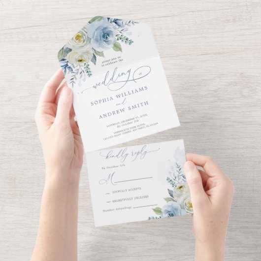 Invitation Tout En Un Mariage de fleurs Rose bleu Dusty (Déchirure)