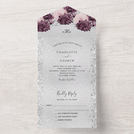 Invitation Tout En Un Mariage de fleurs roses bordeaux argentées RSVP (À l'intérieur)