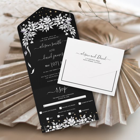 Invitation Tout En Un Mariage de guirlande à fleurs noir et blanc