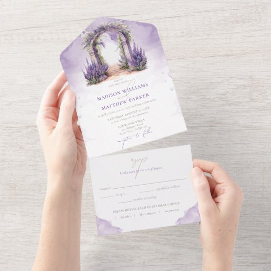 Invitation Tout En Un Mariage de jardin de lavande avec Rsvp (Déchirure)