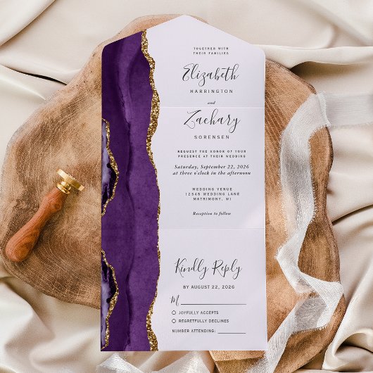 Invitation Tout En Un Mariage de lavande d'agate d'or violet moderne