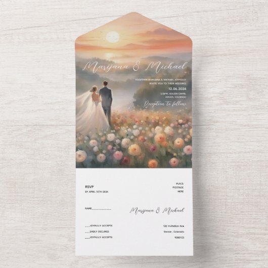 Invitation Tout En Un Mariage de lever de soleil chic simple (À l'intérieur)