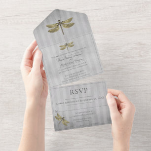 Invitation Tout En Un Mariage de libellules à bijoux en or