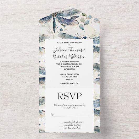 Invitation Tout En Un Mariage de libellules bleues (À l'intérieur)
