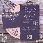 Invitation Tout En Un Mariage de lumière de chaîne de caractères Mason J<br><div class="desc">Le tout dans une faire-part de mariage avec de jolies lampes à cordes,  des jarres de maçon,  des noms de style signature et de la typographie chic sur un arrière - plan violet. L'invitation comprend une carte RSVP perforée avec un code QR. Conçu par Thisisnotme©</div>