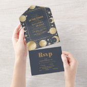 Invitation Tout En Un Mariage de lune Crescent or de la Marine céleste (Déchirure)