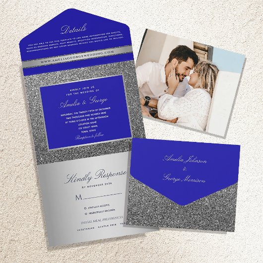 Invitation Tout En Un Mariage de luxe Argent et Royal Blue