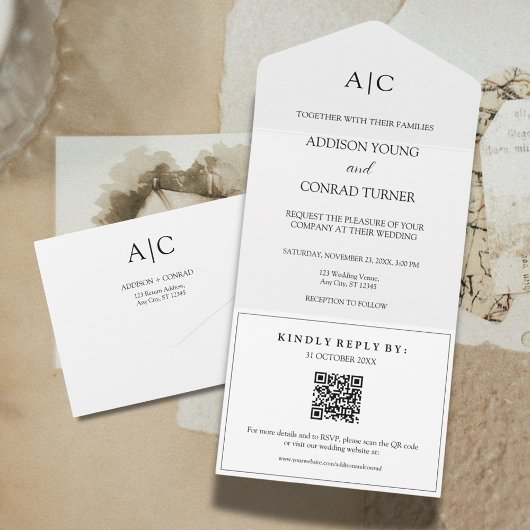 Invitation Tout En Un Mariage de monogramme blanc de code QR