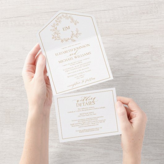 Invitation Tout En Un Mariage de monogramme de crête dorée QR Code (Déchirure)