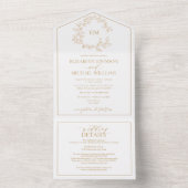Invitation Tout En Un Mariage de monogramme de crête dorée QR Code (À l'intérieur)