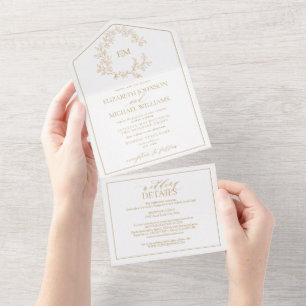 Invitation Tout En Un Mariage de monogramme de crête dorée QR Code
