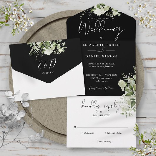 Invitation Tout En Un Mariage de Monogramme de verdure Botanique Blanc N