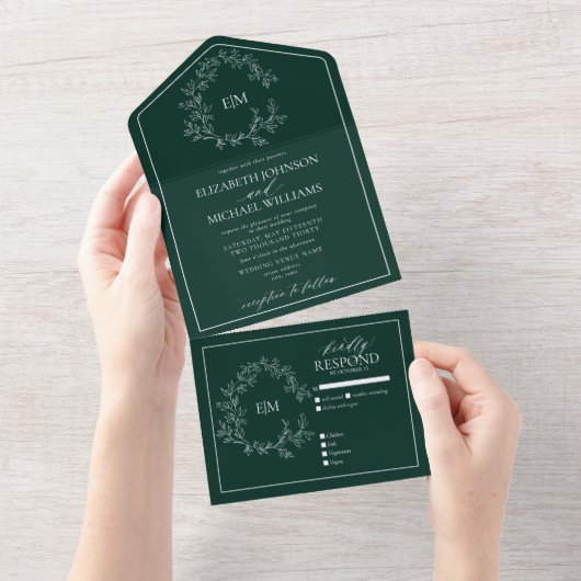 Invitation Tout En Un Mariage de monogramme Emerald Green Leafy Crest (Déchirure)