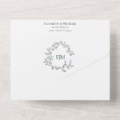Invitation Tout En Un Mariage de monogramme Emerald Green Leafy Crest (Verso)