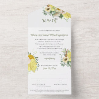 Invitation Tout En Un Mariage de monogramme floral jaune