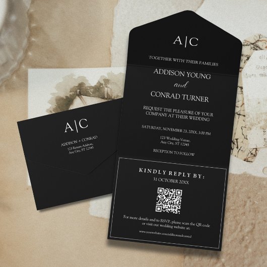 Invitation Tout En Un Mariage de monogramme noir de code QR