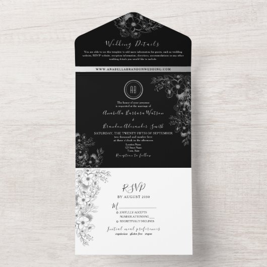 Invitation Tout En Un Mariage de monogramme noir et blanc Boho (À l'intérieur)