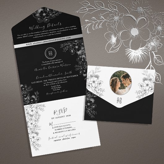 Invitation Tout En Un Mariage de monogramme noir et blanc Boho