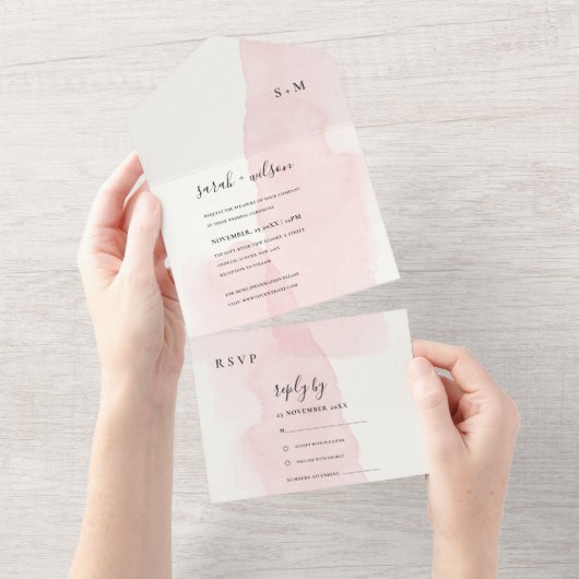 INVITATION TOUT EN UN MARIAGE DE MONOGRAMME ROSE BLANC MINIMAL BWATERCOL (Déchirure)