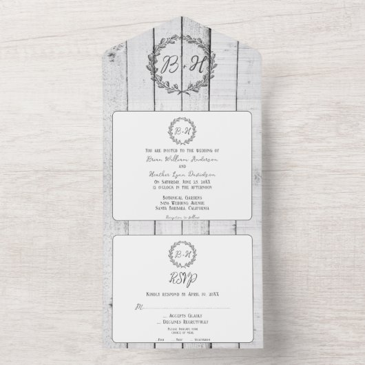 Invitation Tout En Un Mariage de monogramme rustique blanc (À l'intérieur)