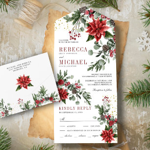 Invitation Tout En Un Mariage de Noël Floral Pin Rustique Poinsettia