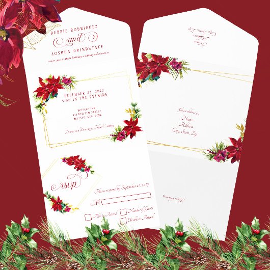 Invitation Tout En Un Mariage de Noël moderne Poinsettia