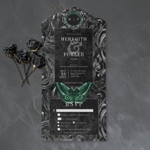 Invitation Tout En Un Mariage de Nuit Gothique Vert à Filigrane de Papil
