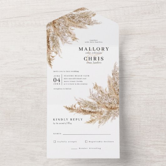 Invitation Tout En Un Mariage De Pampas Séché Tout En Un (À l'intérieur)