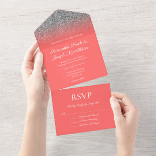 Invitation Tout En Un Mariage de Parties scintillant Coral et Silver Omb