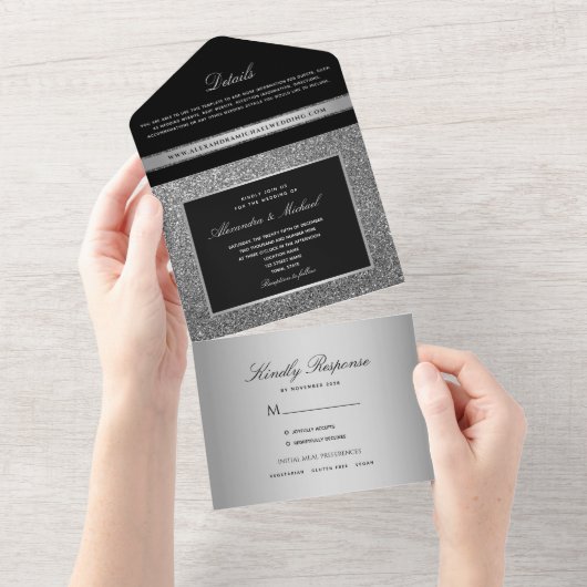Invitation Tout En Un Mariage de Parties scintillant en argent noir (Déchirure)