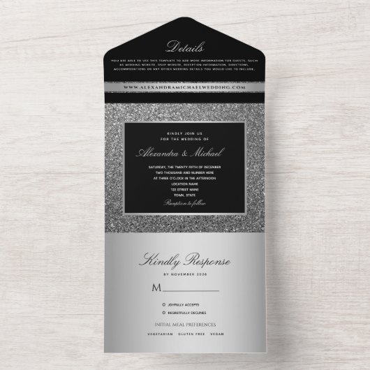 Invitation Tout En Un Mariage de Parties scintillant en argent noir (À l'intérieur)