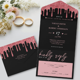 Invitation Tout En Un Mariage de Parties scintillant en or rose et noir