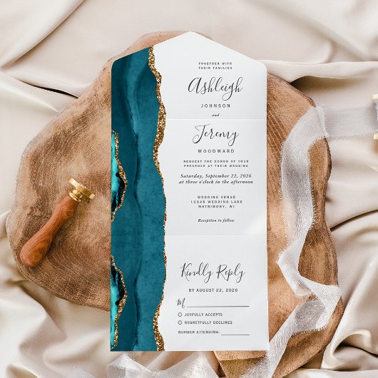 Invitation Tout En Un Mariage de Parties scintillant Gold Agate turquois