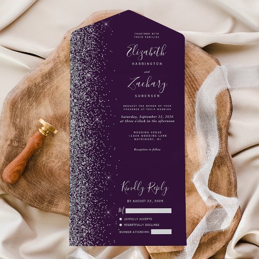 Invitation Tout En Un Mariage de Parties scintillant moderne en argent f