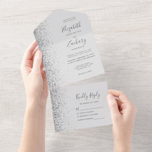 Invitation Tout En Un Mariage de Parties scintillant moderne gris pâle (Déchirure)