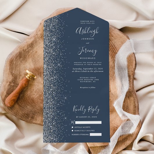 Invitation Tout En Un Mariage de Parties scintillant moderne Indigo Blue