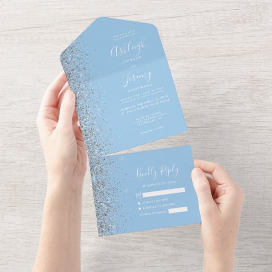 Invitation Tout En Un Mariage de Parties scintillant moderne Pastel Bleu (Déchirure)