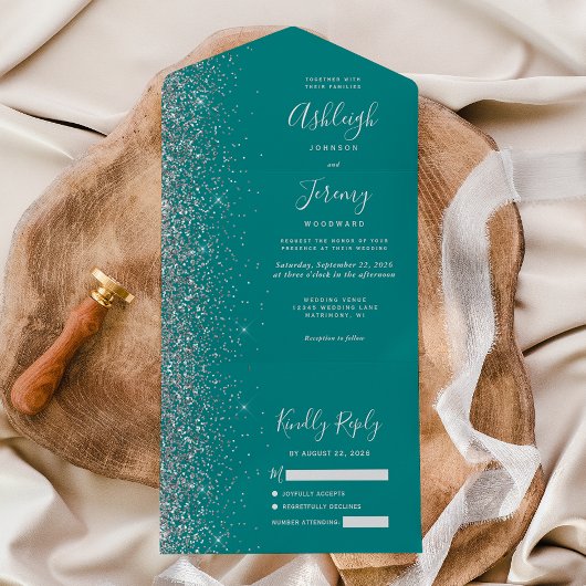 Invitation Tout En Un Mariage de Parties scintillant moderne Turquoise b