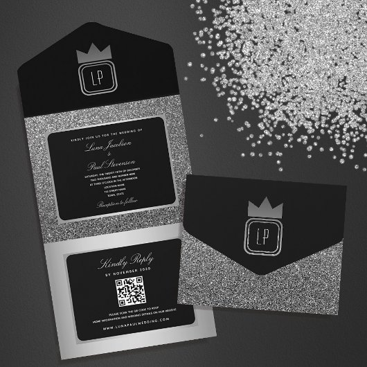 Invitation Tout En Un Mariage de Parties scintillant noire en argent de