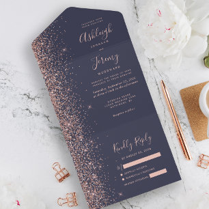 Invitation Tout En Un Mariage de Parties scintillant or Rose bleu foncé 