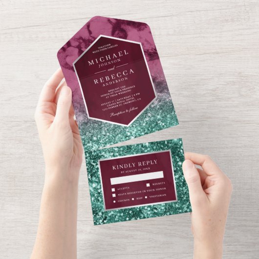 Invitation Tout En Un Mariage de Parties scintillant Turquoise en marbre (Déchirure)