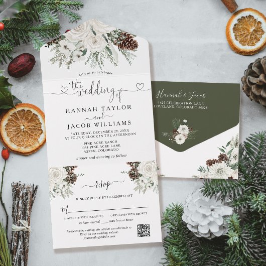 Invitation Tout En Un Mariage de pin d'hiver avec code QR RSVP