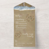 Invitation Tout En Un Mariage de plage au monogramme cœur dans le sable (À l'intérieur)