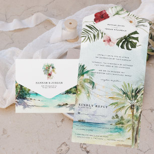 Invitation Tout En Un Mariage de plage aux palmiers tropicaux