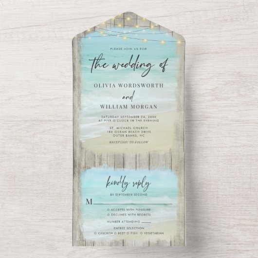 Invitation Tout En Un Mariage de plage de script moderne rustique (À l'intérieur)