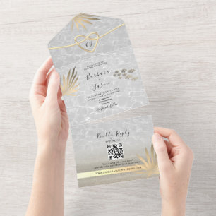 Invitation Tout En Un Mariage de plage doré avec palmiers tropicaux