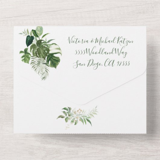 Invitation Tout En Un Mariage de plage Feuille tropicale (Verso)