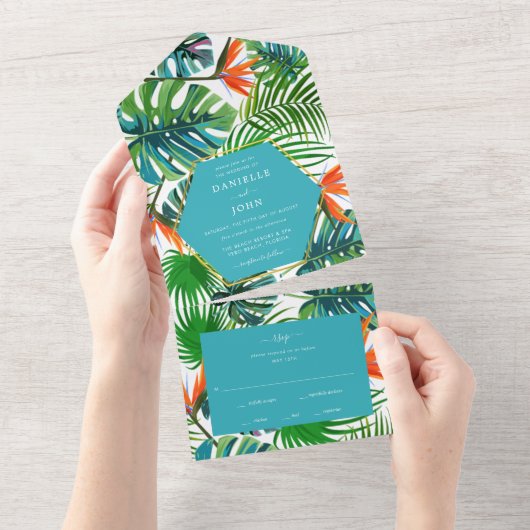 Invitation Tout En Un Mariage de plage Feuille tropicale RSVP (Déchirure)